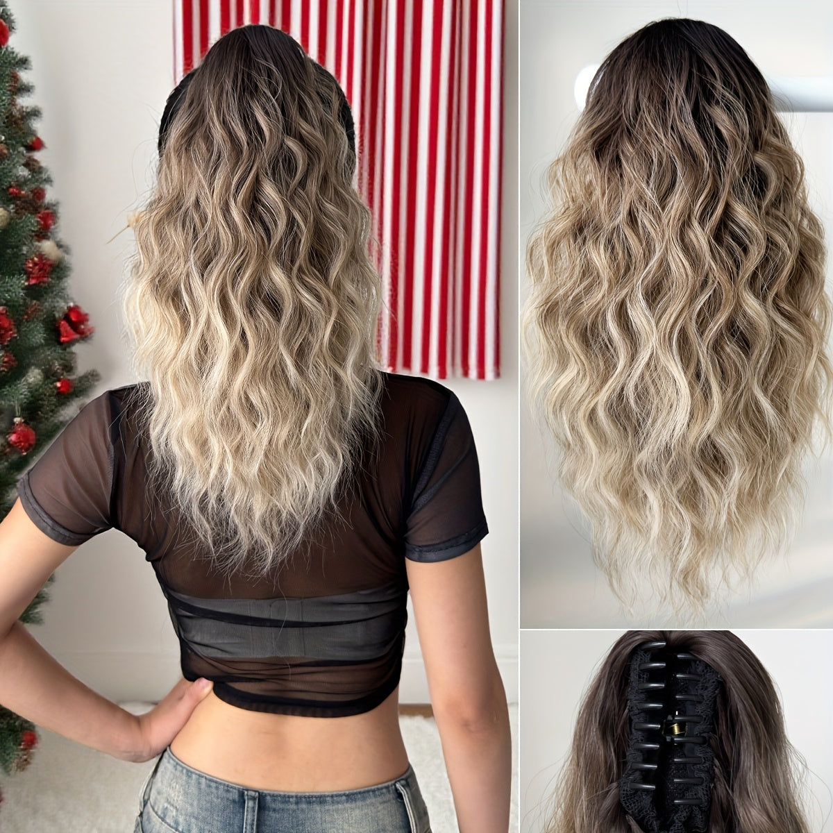 16-Inch (40 cm) Water Wave Claw Ponytail Extension – Heat Resistant Ombre Synthetic Hairpiece for Women