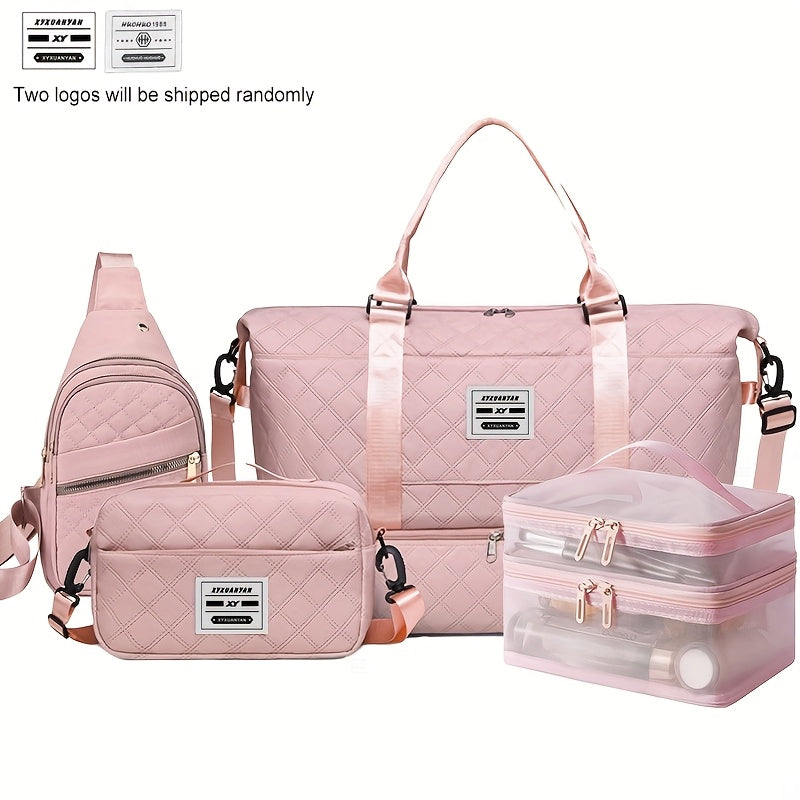 4-in-1 Travel Tote Bag Set – Large Capacity Travel & Gym Tote with Chest Bag, Makeup Pouch & Waist Pack – White, Black, Pink