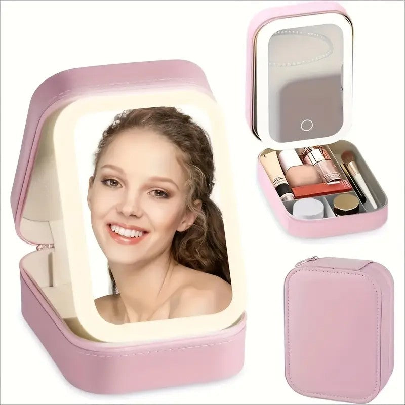 Foldable USB LED Makeup Mirror, Touch Control, 1X/10X Magnification, Adjustable Brightness, Pink Faux Leather Travel Cosmetic Organizer