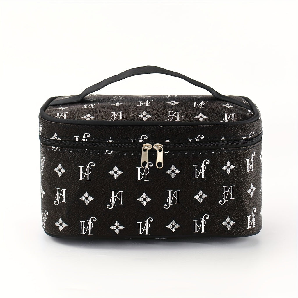 Minimalist Faux Leather Makeup Bag, Beige with Black Handles & Zipper, Compact Square Cosmetic Case and Portable Toiletry Organizer