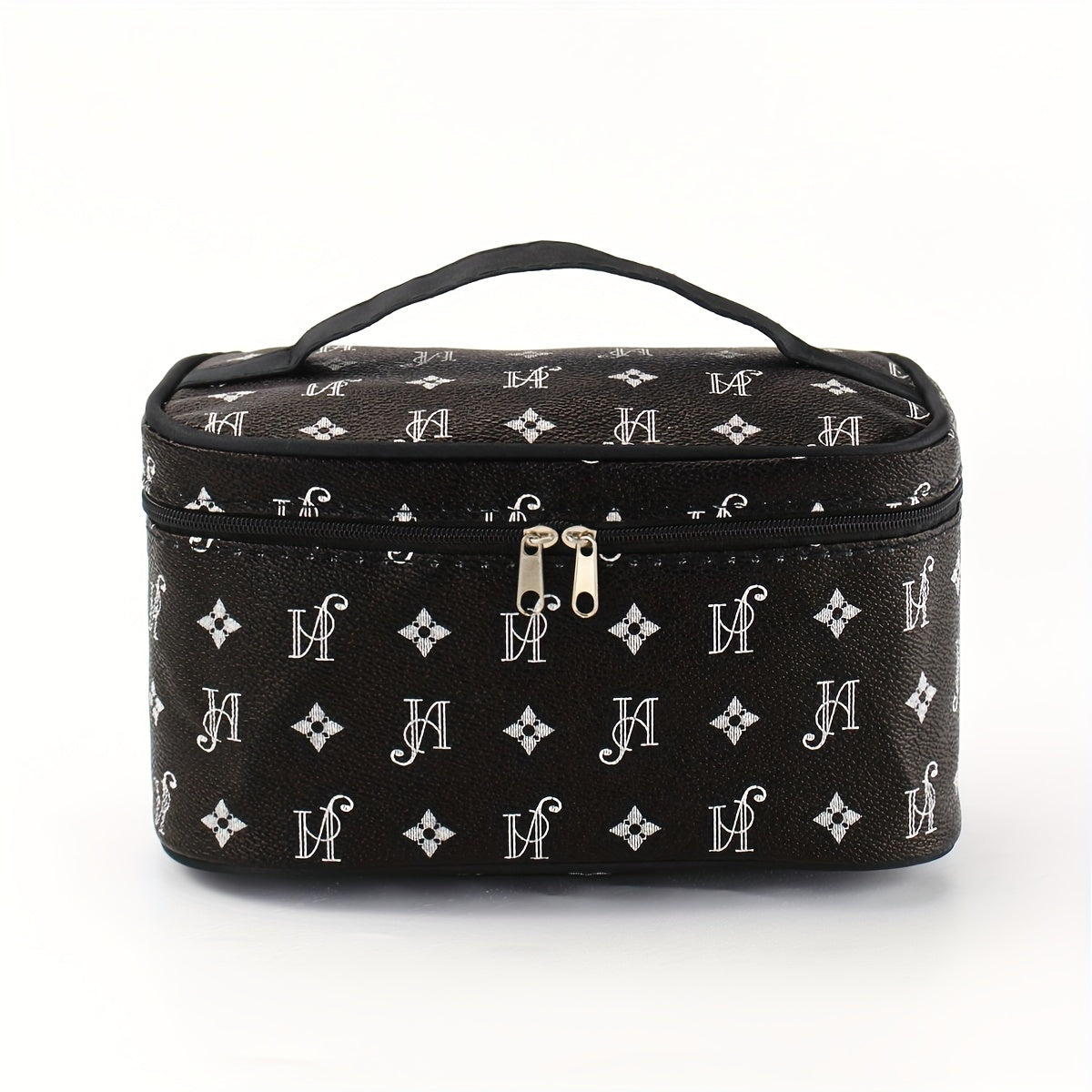 Minimalist Faux Leather Makeup Bag, Beige with Black Handles & Zipper, Compact Square Cosmetic Case and Portable Toiletry Organizer