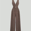 Women's Houndstooth Sleeveless Full-Zip Jumpsuit – Waist-Cinched Wide-Leg, Elegant Brown/White/Black/Beige