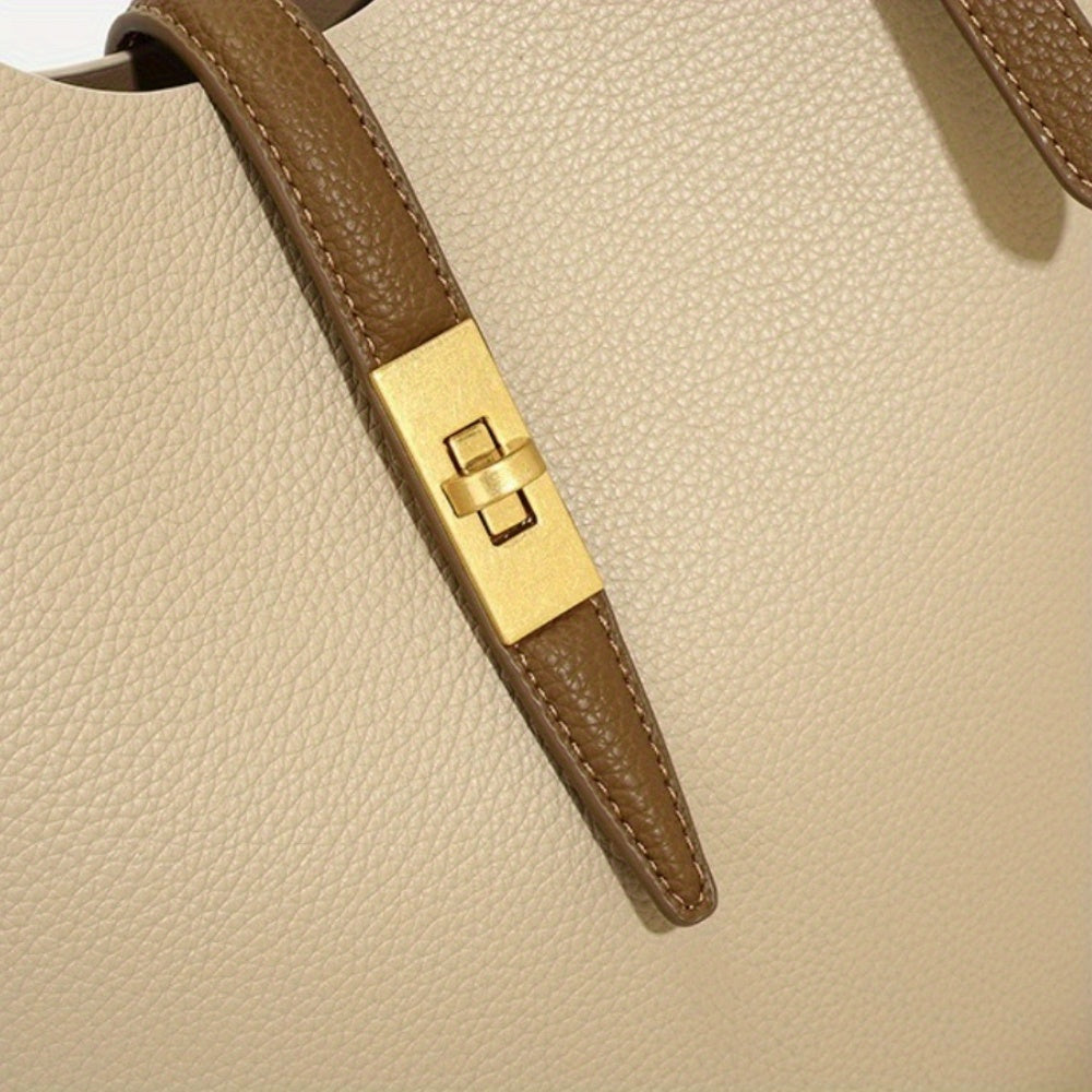 Women's Khaki PU Bucket Bag - Large Capacity Shoulder, Handheld & Crossbody Handbag with Tartan Pattern