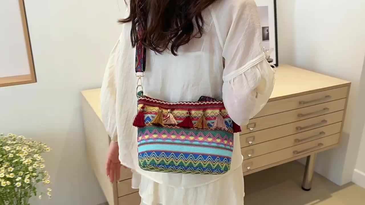 Boho Woven Fringe Bucket Bag – Geometric Embroidery, Adjustable Wide Strap, Lightweight Polyester Tote for Women
