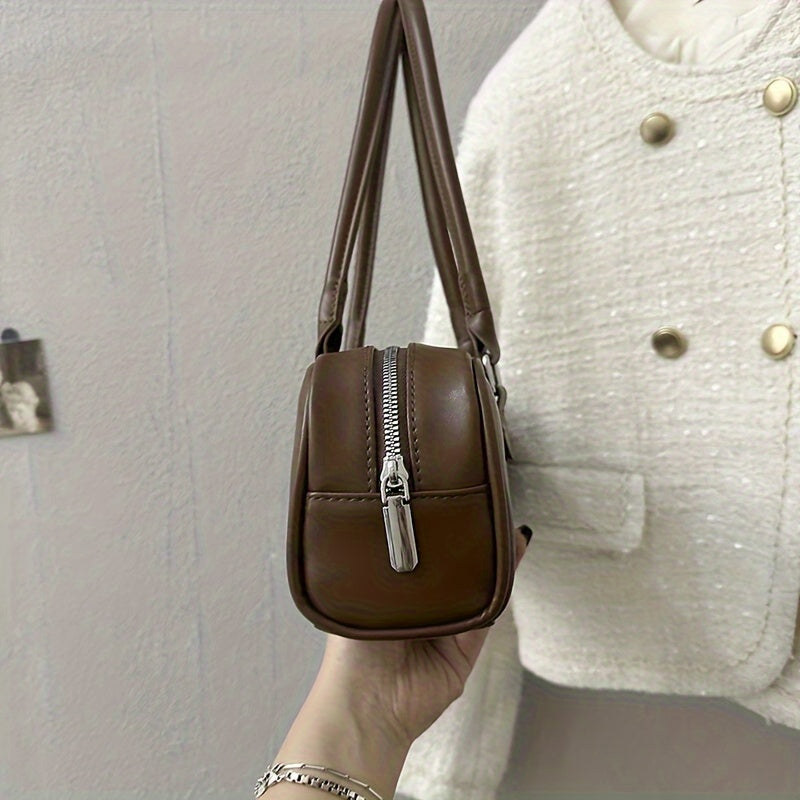 Vintage-Inspired Extra-Long Baguette Handbag for Women - Brown PU Two-Handle Zipper Tote