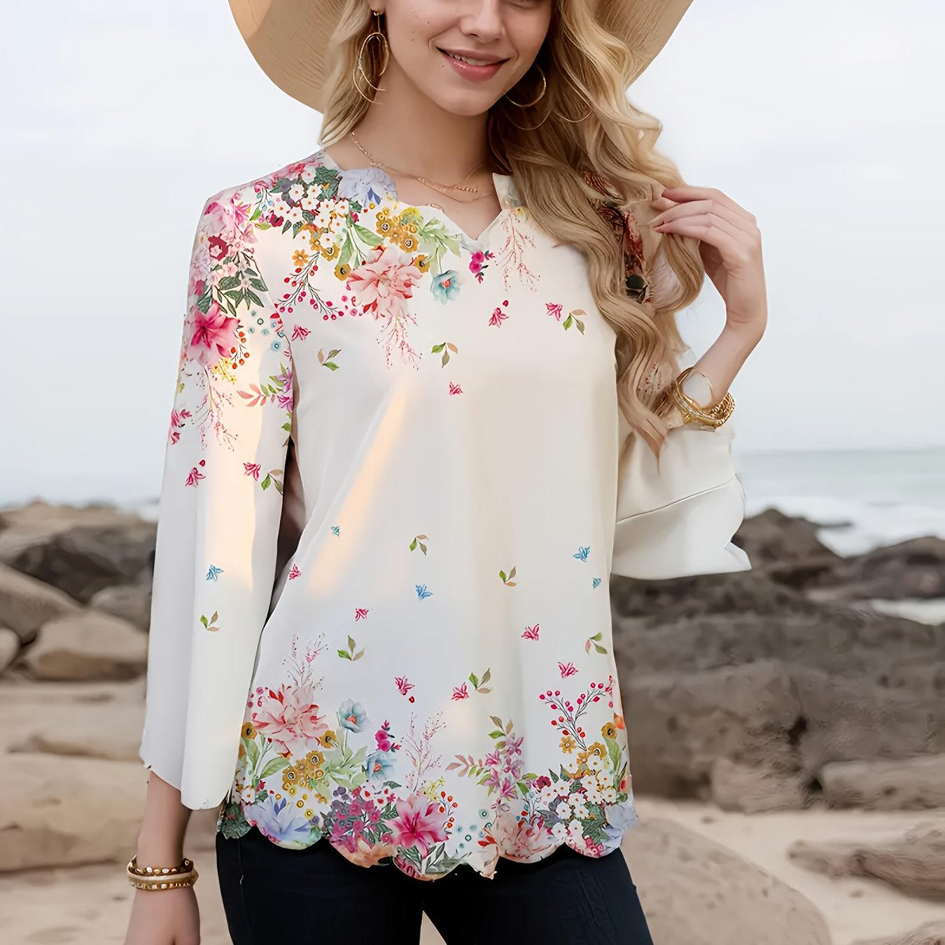 Elegant Floral Women's Short Sleeve Blouse - Black & White Dot Tunic with Collar, Machine Washable, Casual to Dressy