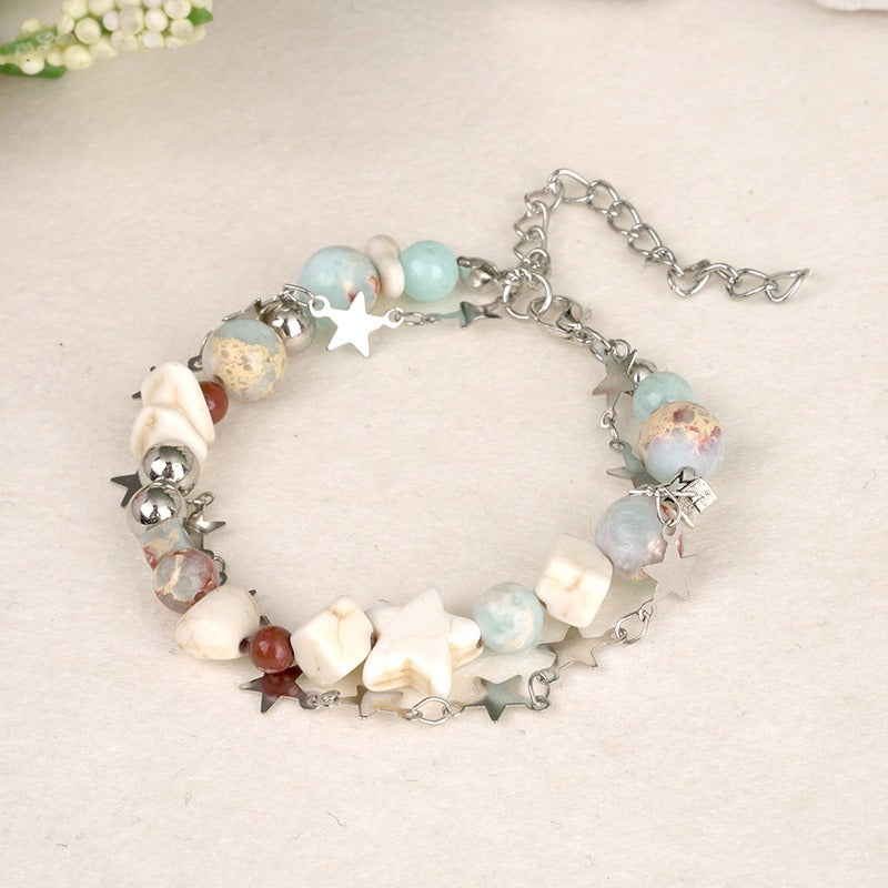 Women's Bohemian Double-Layer Starfish & Agate Beaded Bracelet - Adjustable Lobster Clasp, Natural Stone October Birthstone, Turquoise Green Red Brown Gold-Tone