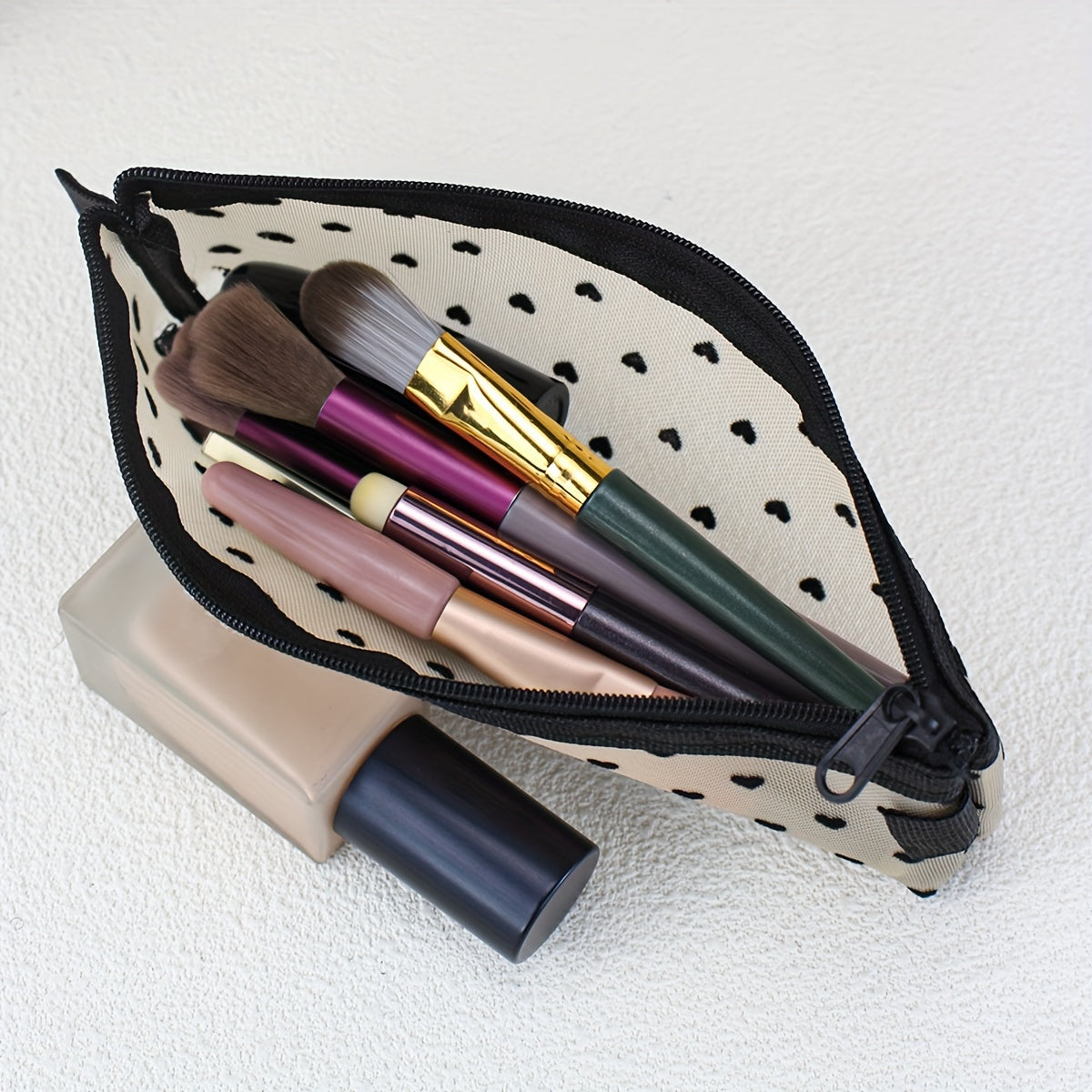 Heart Mesh Cosmetic Bag – Clear Travel Makeup Brush Organizer & Lipstick Pouch