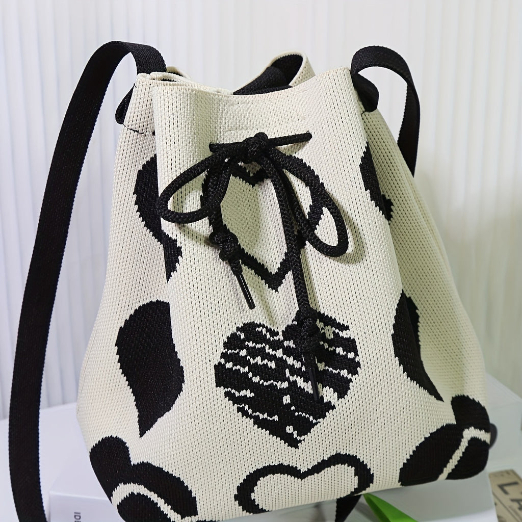 Mini Heart Pattern Bucket Bag - Drawstring Shoulder & Crossbody Handbag