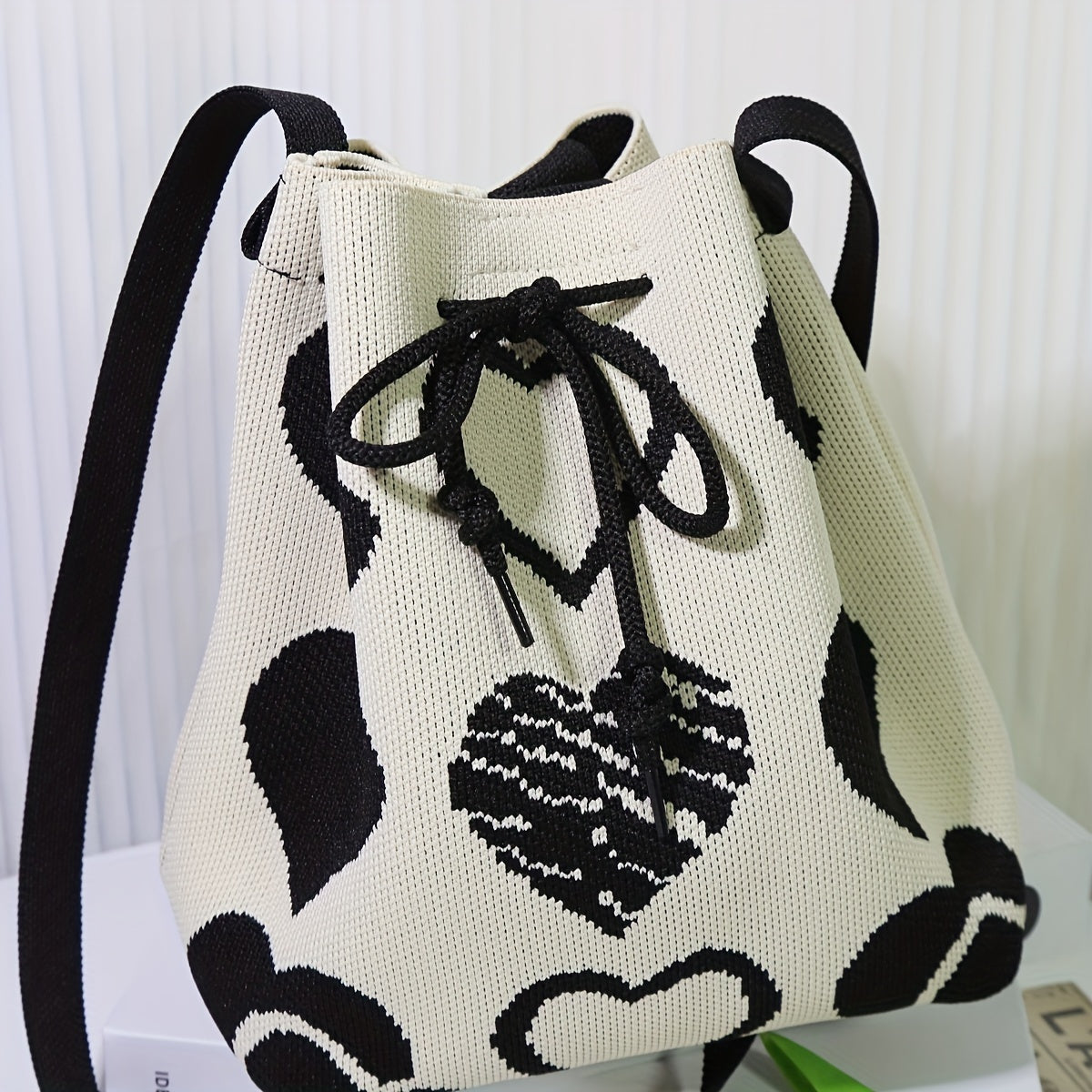 Mini Heart Pattern Bucket Bag - Drawstring Shoulder & Crossbody Handbag