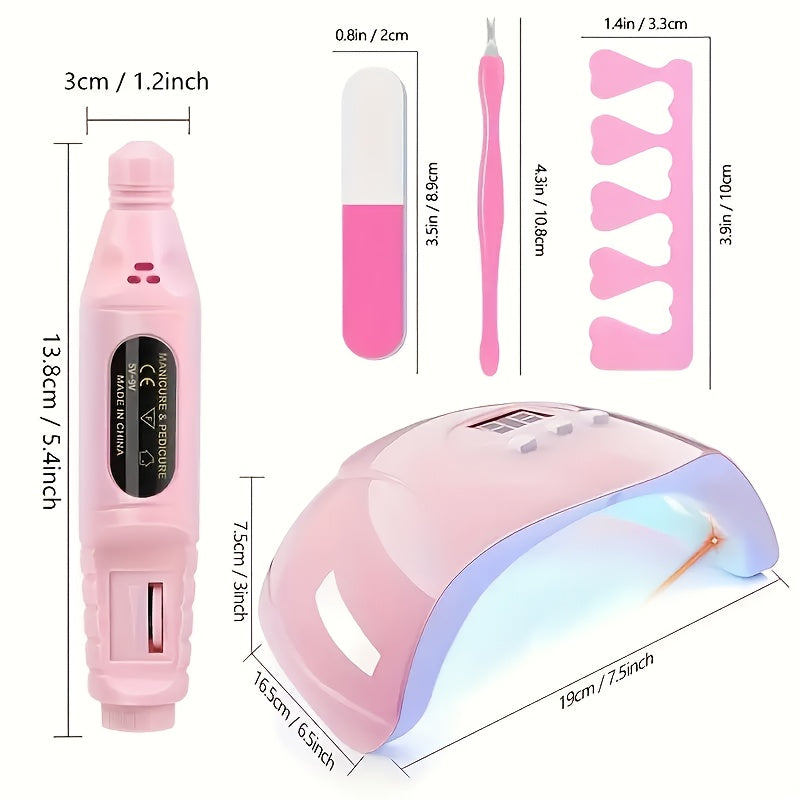 7-in-1 Nail Care Kit – LED Gel Nail Lamp, USB Nail Drill, Cuticle Pusher, Nail File & Toe Separators – Pink