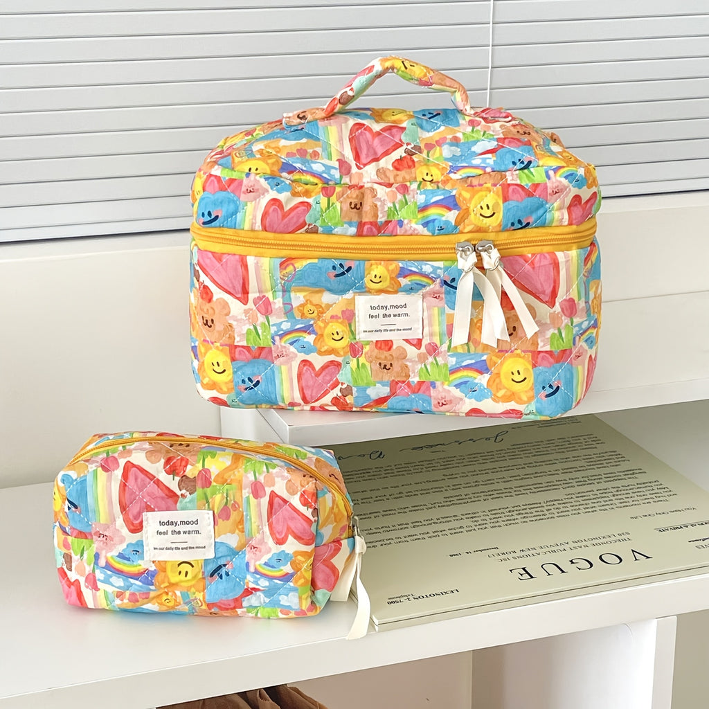 Cute Pastel Makeup Bag for Women - Faces, Hearts & Bears Cosmetic Pouch with Zipper, Lightweight Travel Toiletry Case