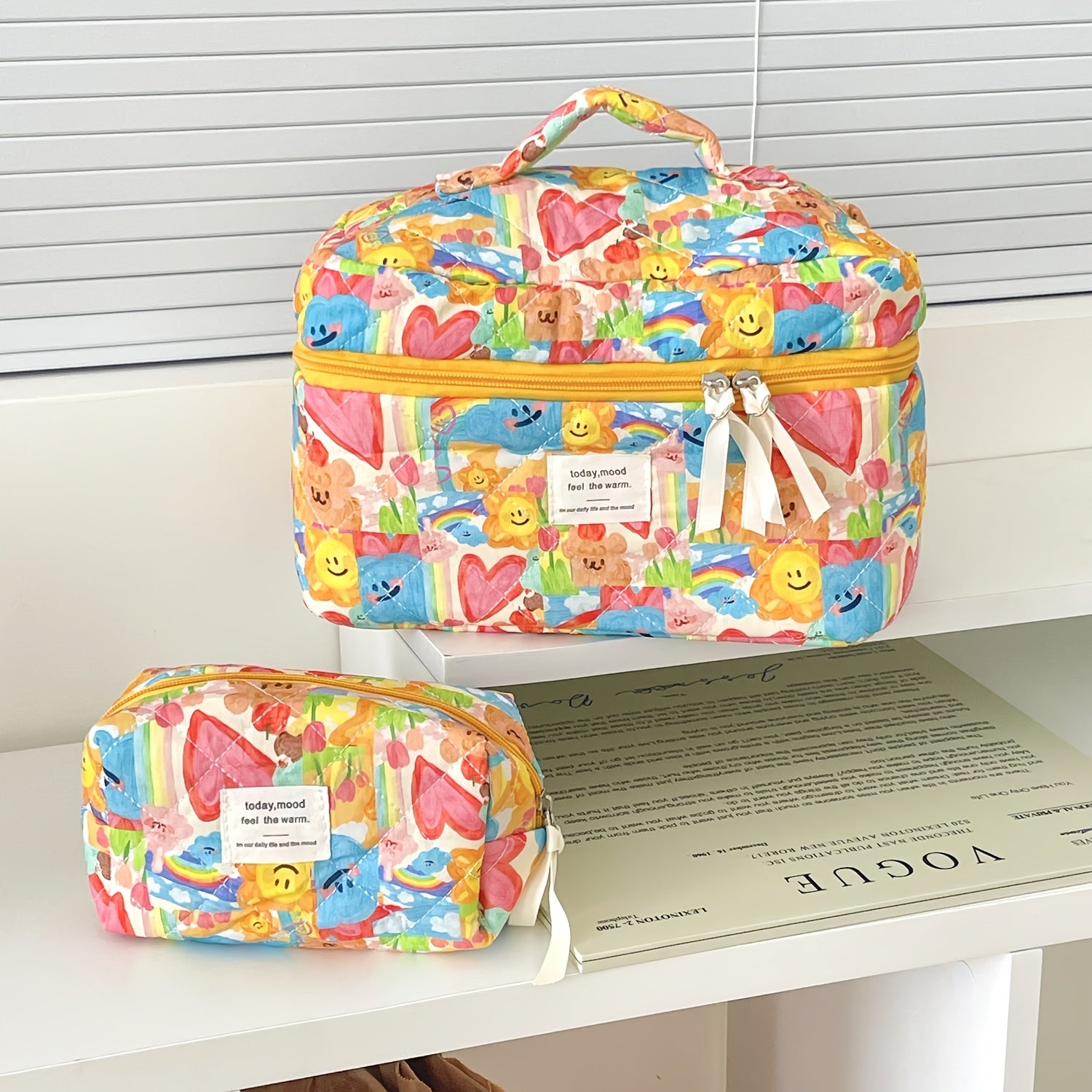 Cute Pastel Makeup Bag for Women - Faces, Hearts & Bears Cosmetic Pouch with Zipper, Lightweight Travel Toiletry Case