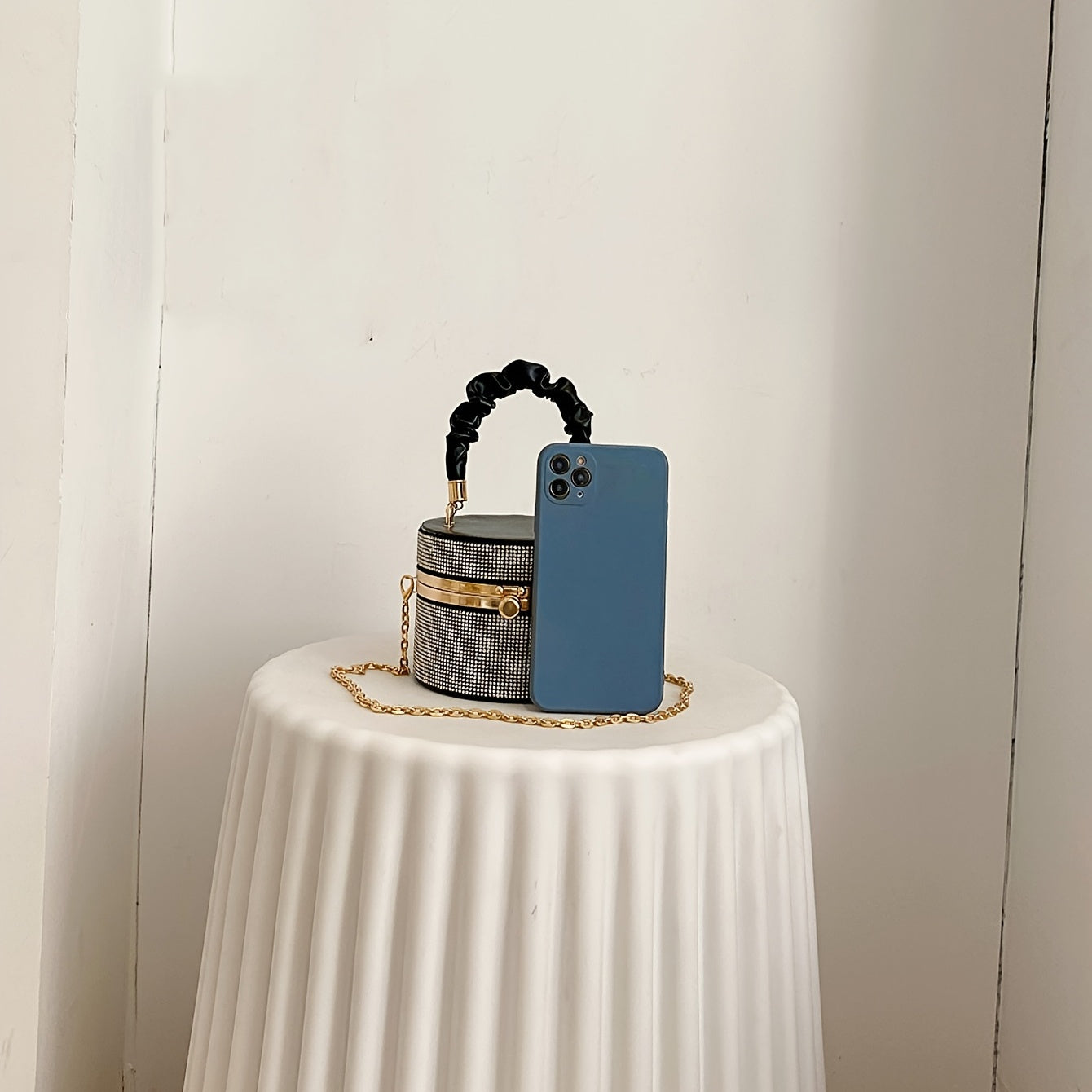 Mini Rhinestone Bucket Bag – Ruched Chain Shoulder Evening Purse, 3.9 x 4.7 x 4.7 in (10 x 12 x 12 cm)