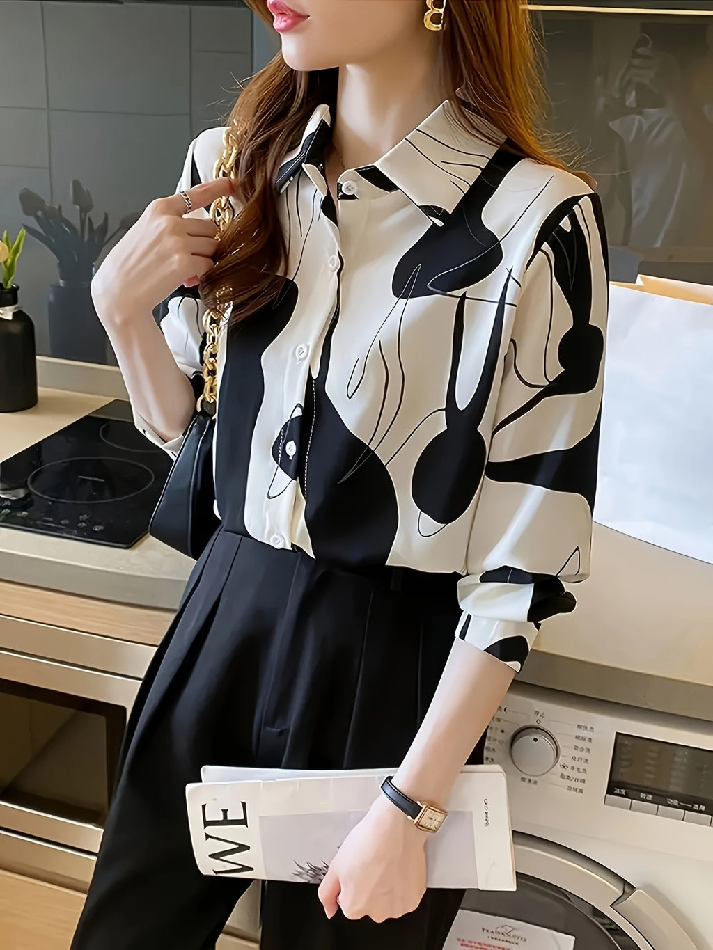 Women's Abstract Geometric Print Long Sleeve Shirt - Elegant Brown White Beige Woven Top, Machine Washable