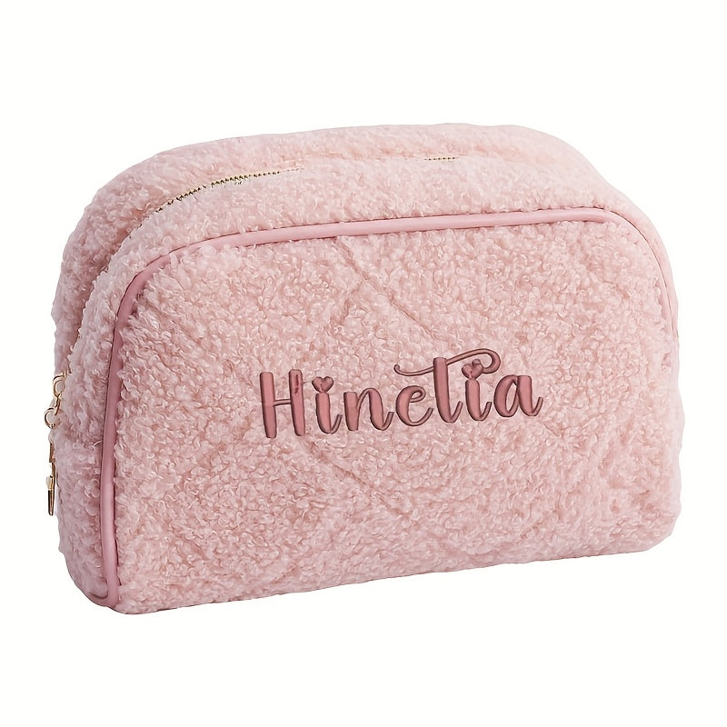Personalized Embroidered Fuzzy Quilted Cosmetic Bag - Custom Makeup Pouch with Zipper & Shoulder Strap for Women