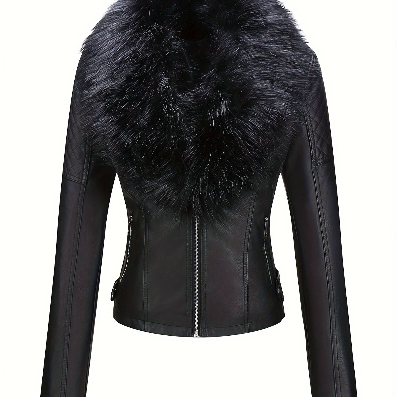 Women's Retro Faux Leather Motorcycle Jacket with Detachable Large Fur Collar - Fall/Winter