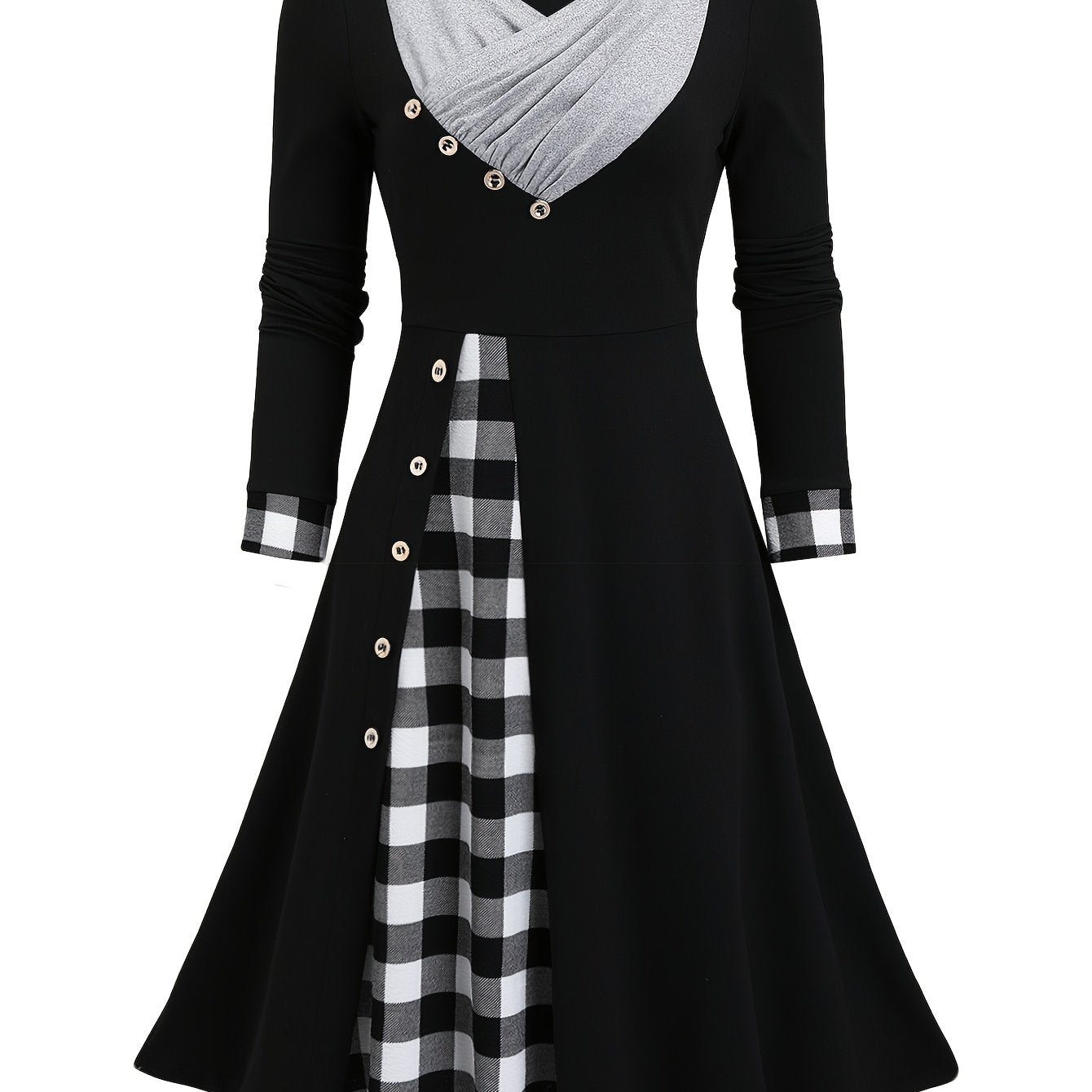 Women's Vintage V-Neck Midi Dress – Plaid Color Block Knit A-Line Pendulum, Polyester-Spandex, Regular Sleeves for Fall/Winter