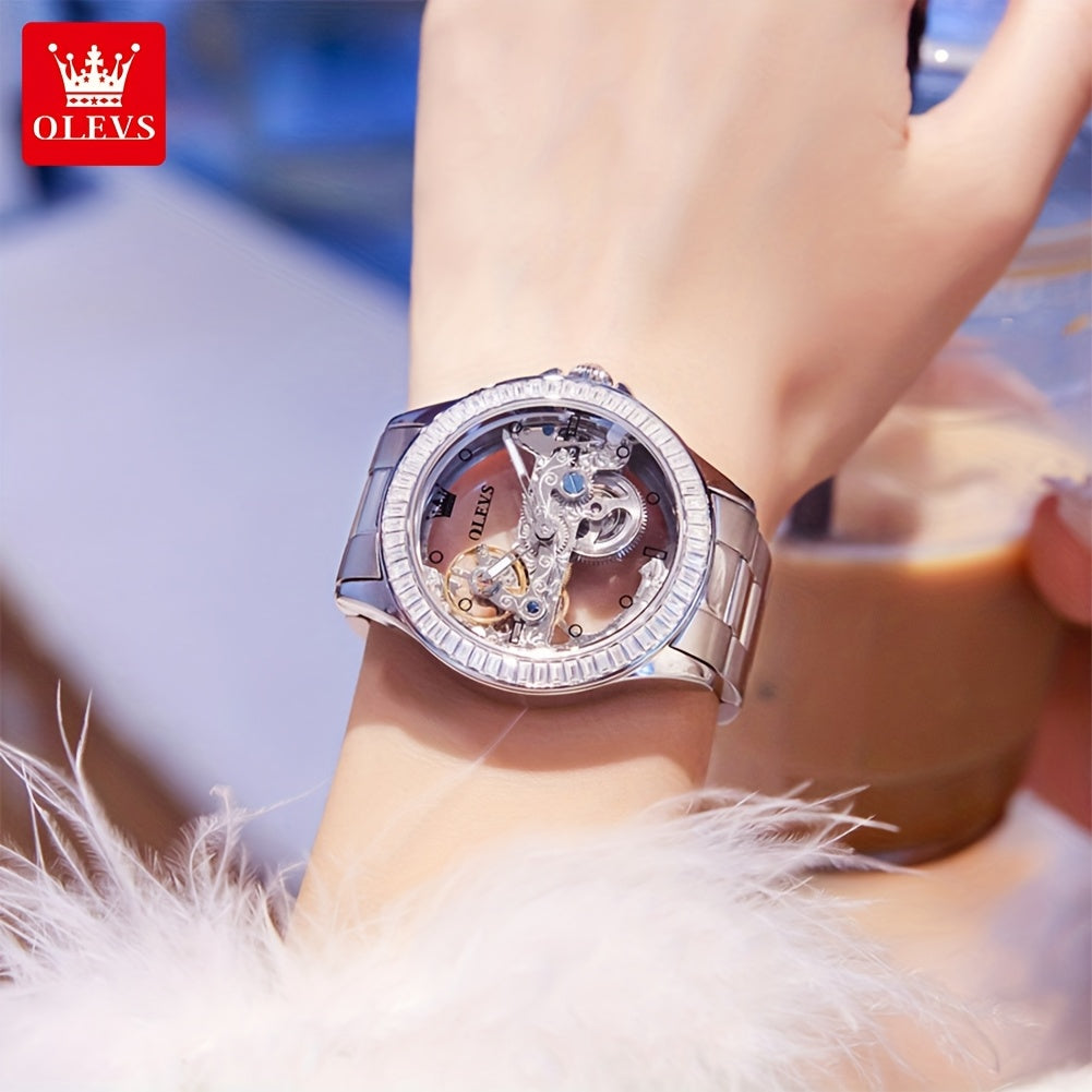 OLEVS Women's Luxury Automatic Skeleton Mechanical Watch – Stainless Steel Case, Faux Leather Strap, Luminescent Hands