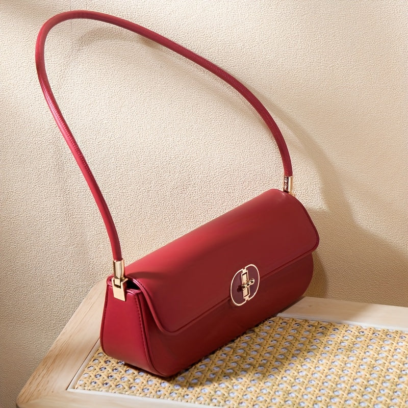 Women's French Baguette Shoulder Bag – PU Leather Baguette Purse with Gold Hardware, Compact Underarm Handbag (Burgundy / Dark Brown)