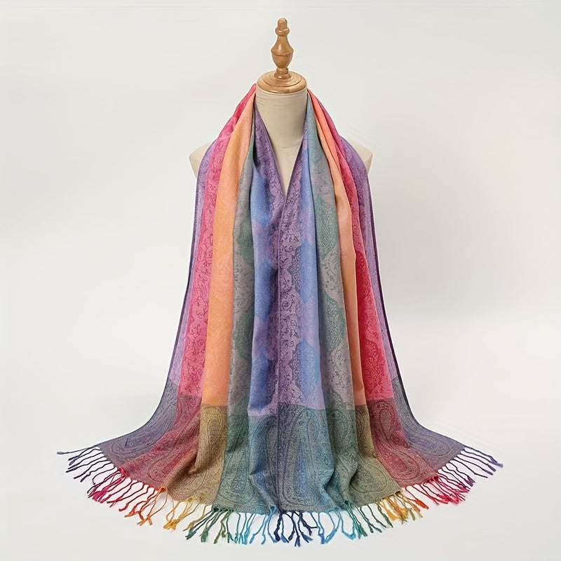 Women's Paisley Jacquard Scarf with Colorful Fringe – Elegant Travel Shawl & Inelastic Wrap