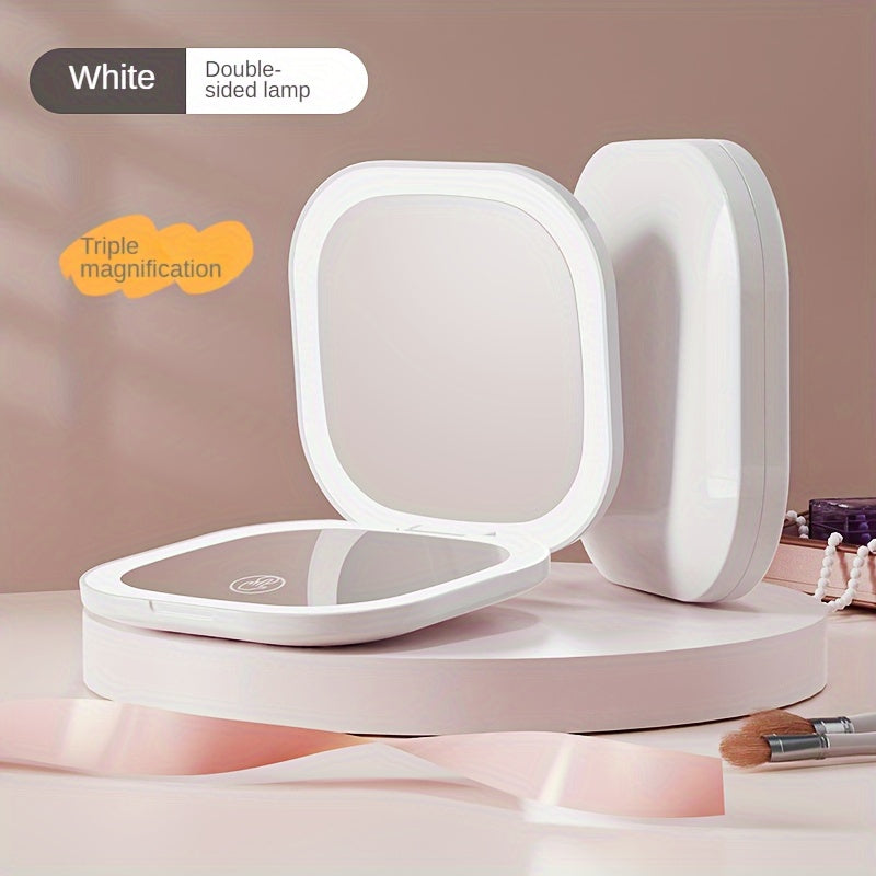 Foldable LED Travel Makeup Mirror - Double-Sided 1X/2X/3X Magnification, Adjustable Brightness, Rechargeable USB Pocket Mirror