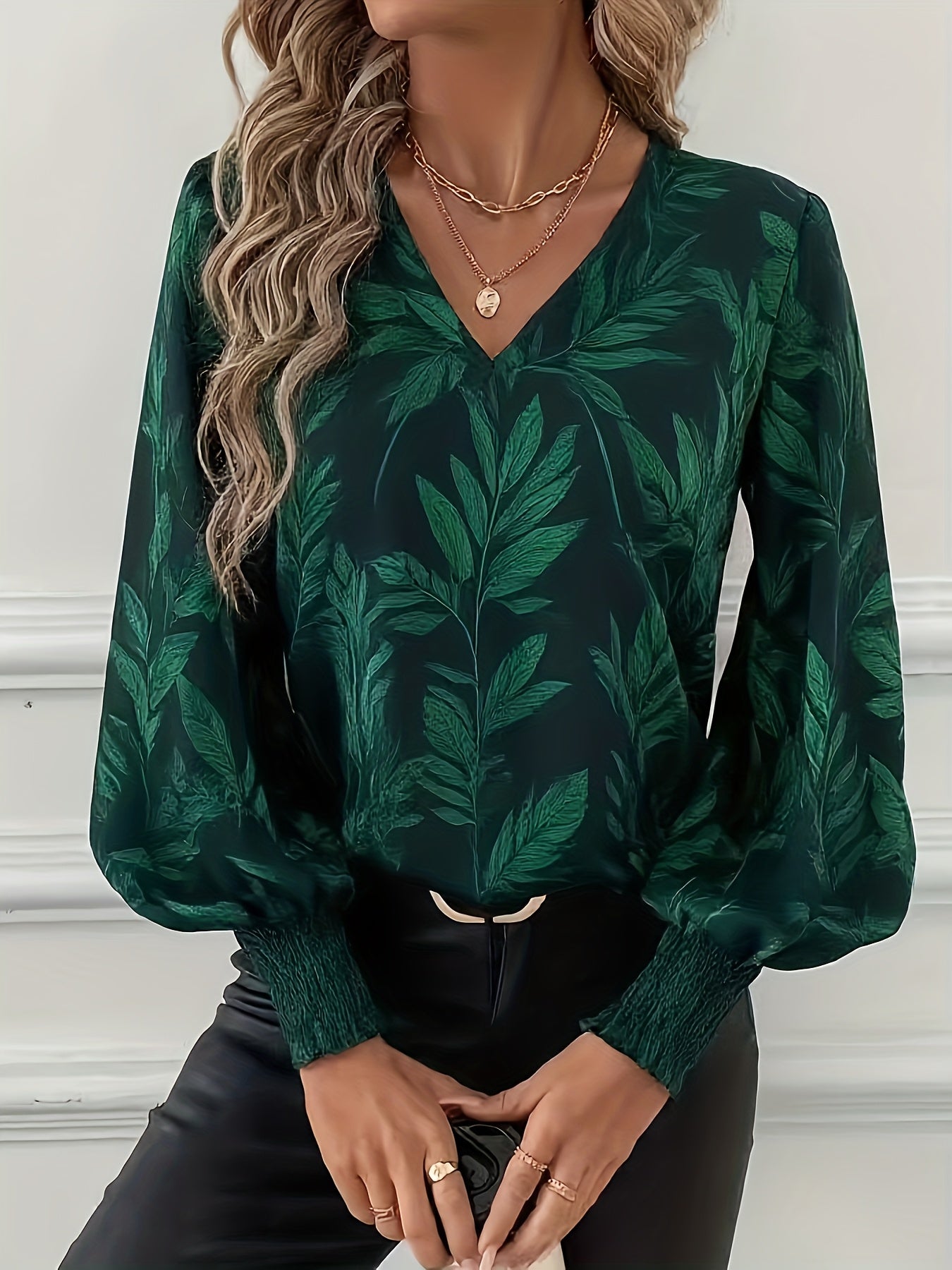 Women's V-Neck Long Sleeve Leaf Print Smock Blouse - Wrinkle-Resistant Button-Front Tunic for Spring & Fall Office, Wedding, Party