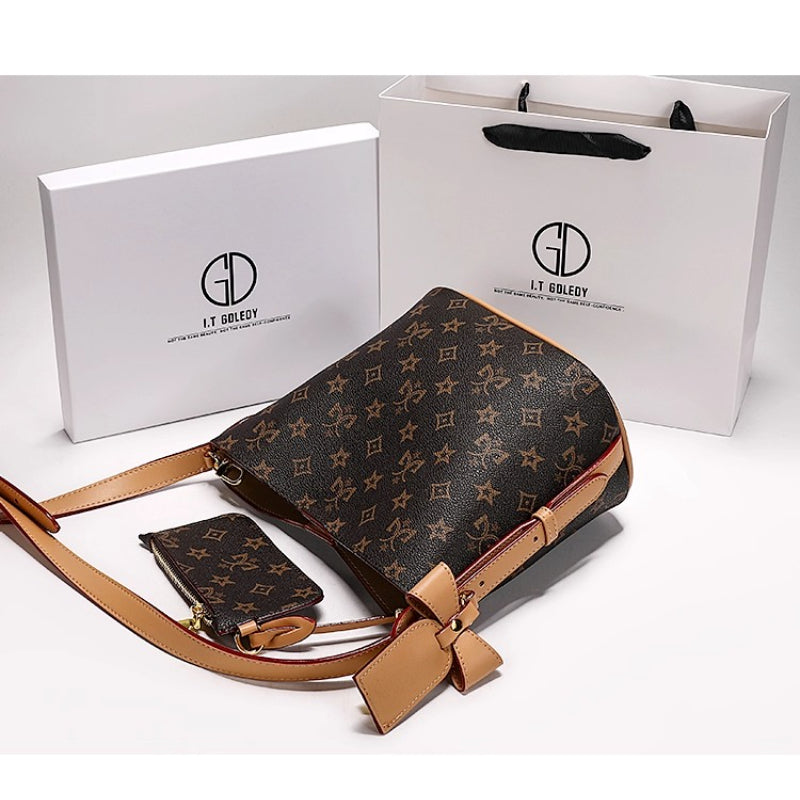 Women's Convertible Bucket Bag – Split Leather Crossbody Handbag with Adjustable Strap, Buckle Closure, Coffee Brown & Beige