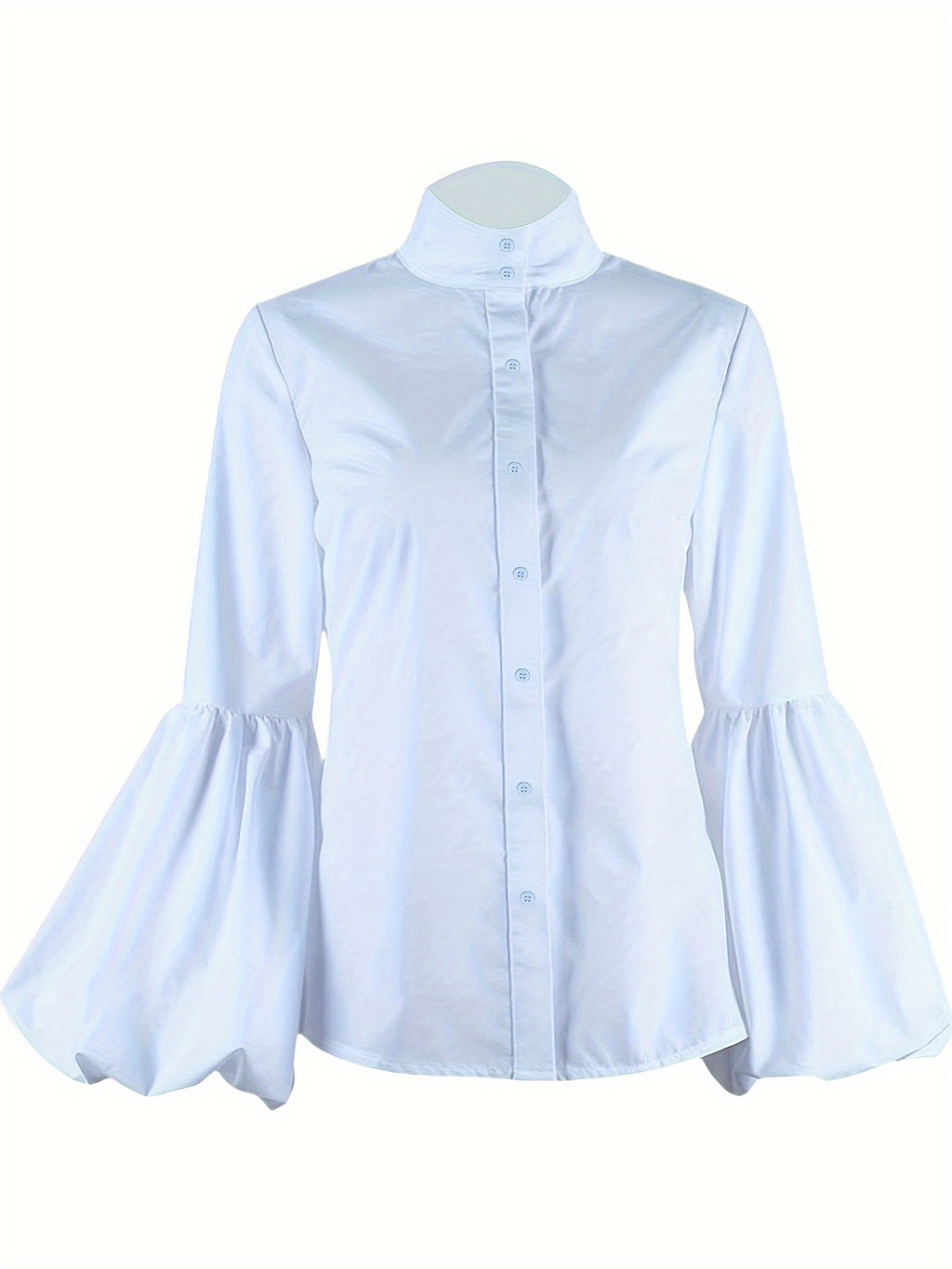 Urban Chic High-Neck Women's Blouse with Puff Sleeves - Slim Fit Long-Sleeve Button-Up Shirt in White