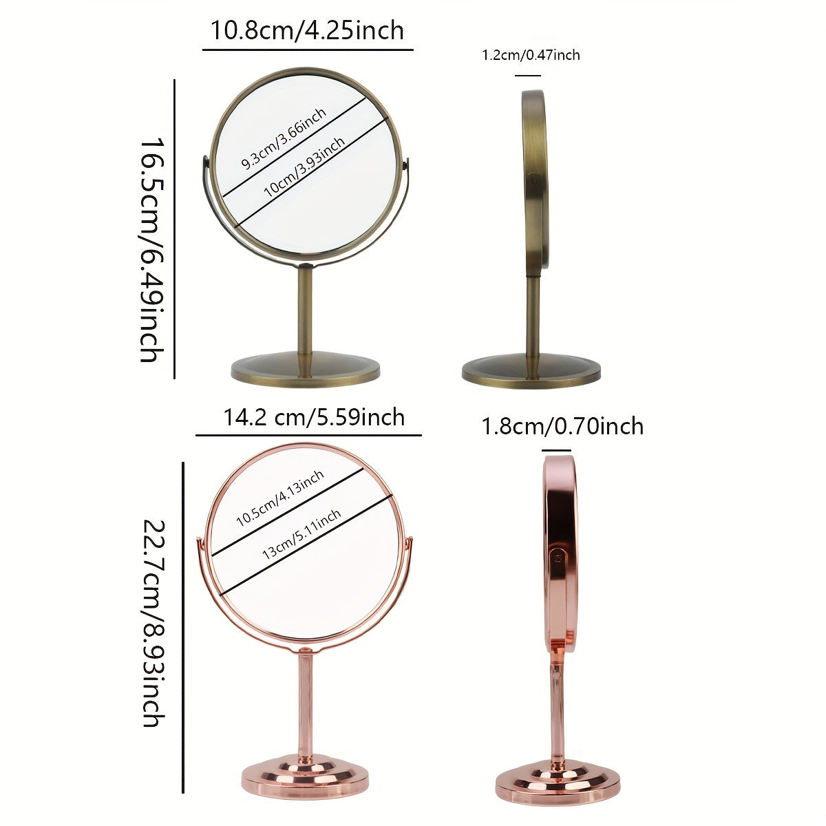 RANCAI 360° Stainless Steel Double-Sided Makeup Mirror – Polished Coastal Tabletop, HD Oil-Free Surface, Non-Electric, Anti-Skid Base