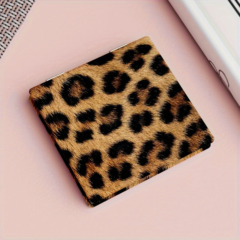 Leopard Print Foldable Double-Sided Portable Makeup Mirror, Compact Travel Vanity Mirror with Anti-Drop Glass, Powder-Coated Black Frame and Gold Hinges