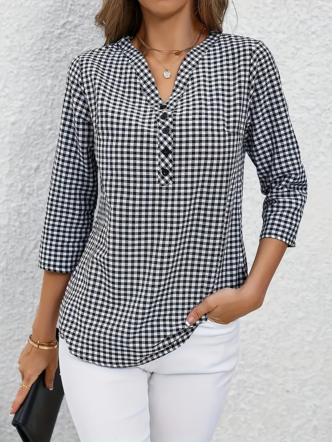 Women's Polyester V-Neck Plaid Blouse with Button Detail and Roll-Up Sleeves, Casual Spring Summer Fall Top