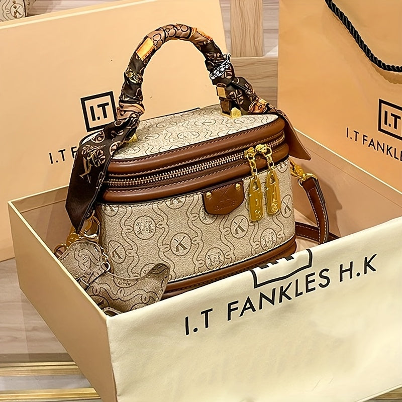 Women's Beige PVC Bucket Handbag with Gold-Tone Hardware, Detachable Chain Accent, Adjustable Crossbody Shoulder Strap, Zipper Tote Purse for Weddings & Parties