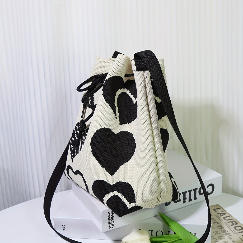 Mini Heart Pattern Bucket Bag - Drawstring Shoulder & Crossbody Handbag