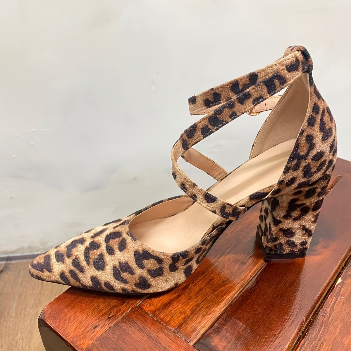 Women's Leopard Print Chunky Block Heels with Cross Straps & Buckle - Pointed Open Toe
