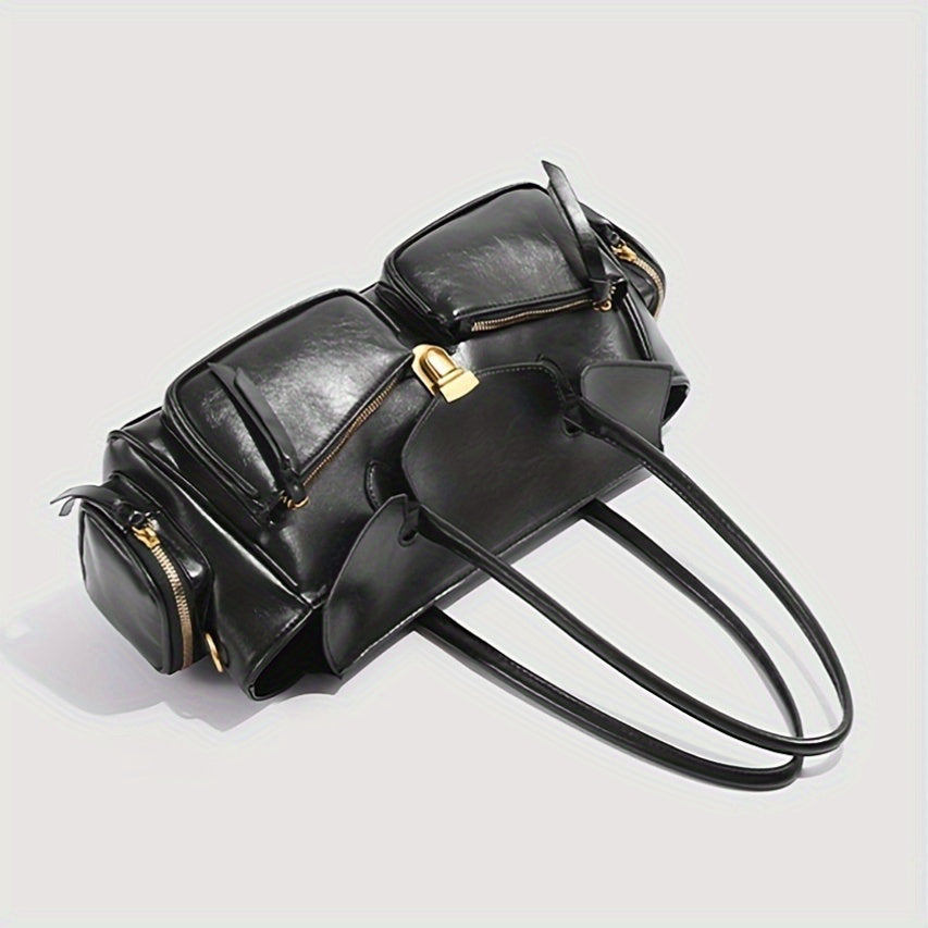 Retro French Baguette Bag - Faux Leather Kiss Lock Clutch with Long Shoulder Strap & Multi-Pocket Crossbody (Black, Dark Brown)