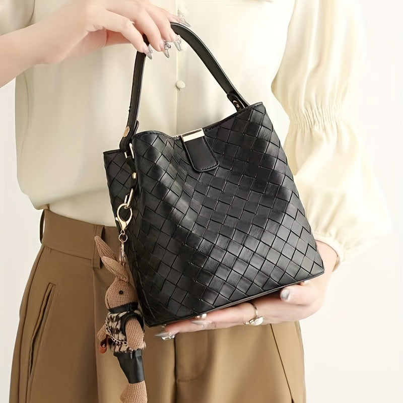 Women's Woven Faux Leather Bucket Handbag - Black Crossbody Shoulder Bag with Golden Hardware, Magnetic Closure, Adjustable Detachable Strap