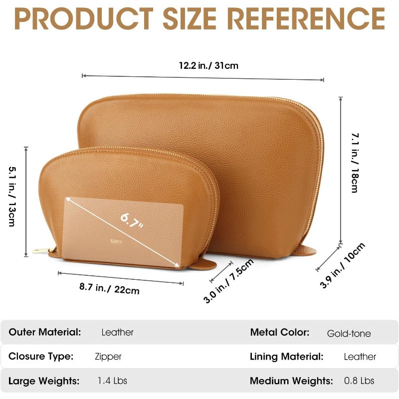 2-Pack Kattee Women's Leather-Look Makeup & Toiletry Organizer Set — Travel Cosmetic Bags with Top & Bottom Access, Multi-Compartment Pouches, Gold Zippers