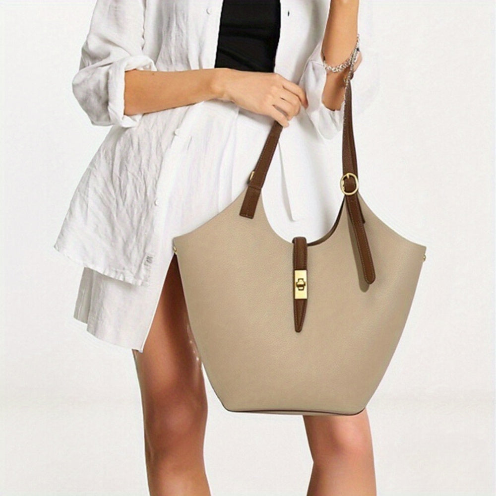 Women's Khaki PU Bucket Bag - Large Capacity Shoulder, Handheld & Crossbody Handbag with Tartan Pattern