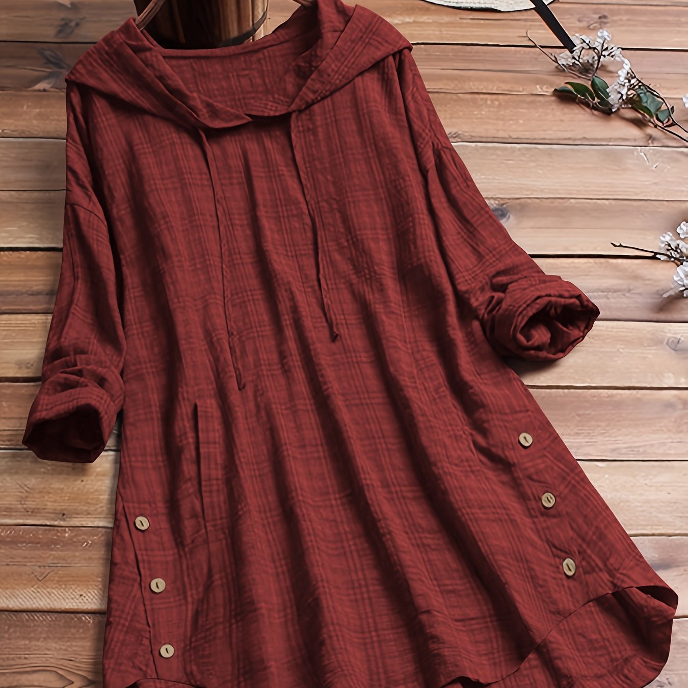 Women's Asymmetrical Plaid Hooded Shirt – Long-Sleeve Drawstring Waist-Tie Casual Blouse