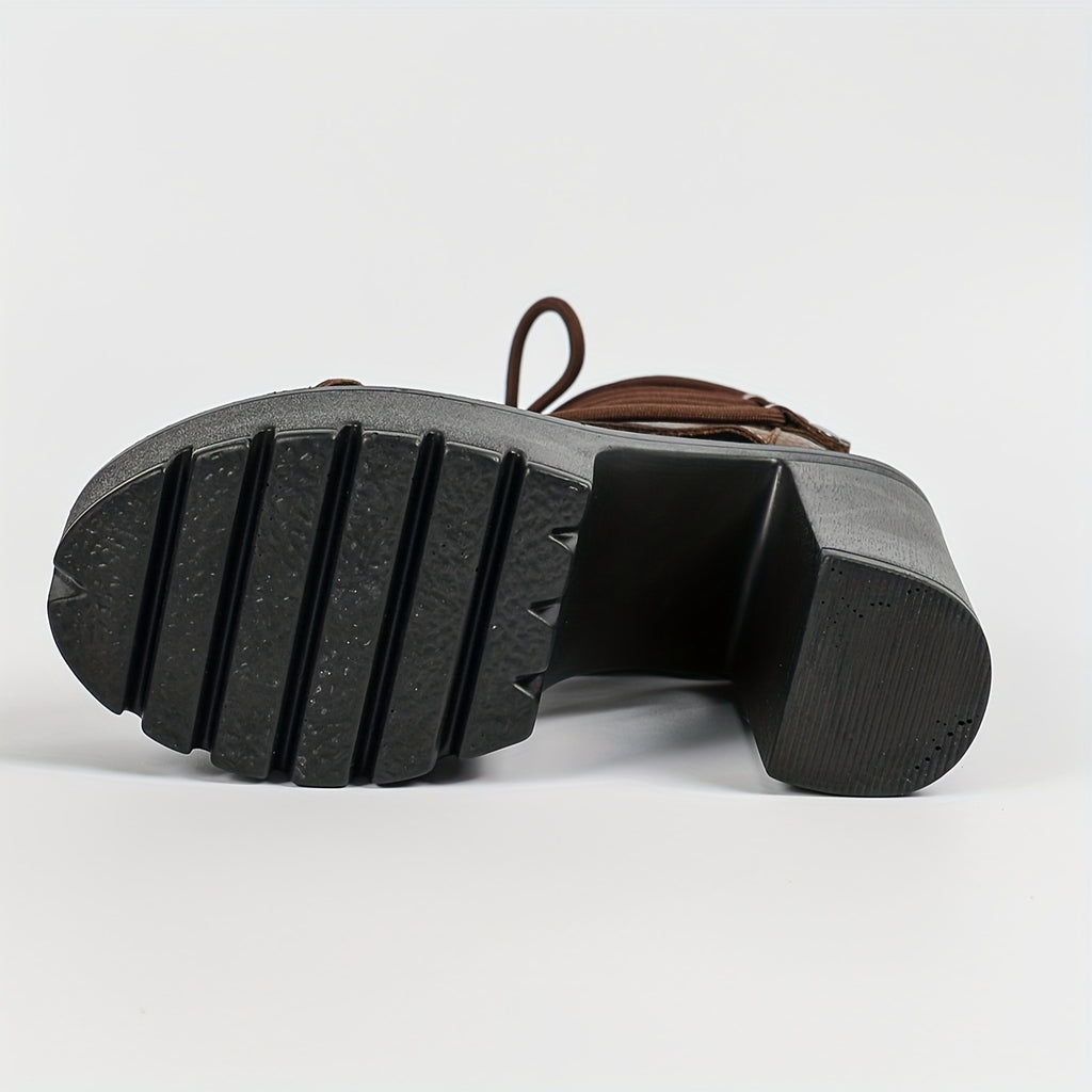 Women's Retro Roman Open Toe Lace-Up Ankle Booties – High Block Heel, Microfiber Upper, Zip Closure