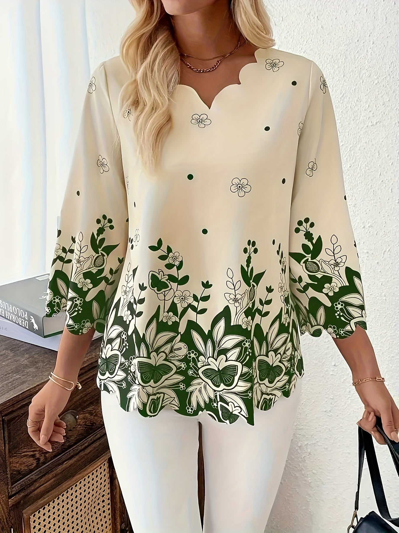 Elegant Floral Women's Short Sleeve Blouse - Black & White Dot Tunic with Collar, Machine Washable, Casual to Dressy