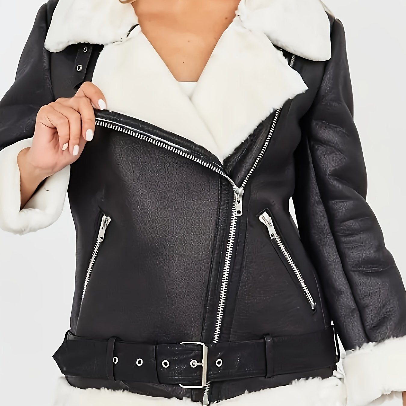 Women's PU Leather Motorcycle Jacket with Faux Fur Collar — Fleece-Lined Black Zip-Up, All-Season Casual
