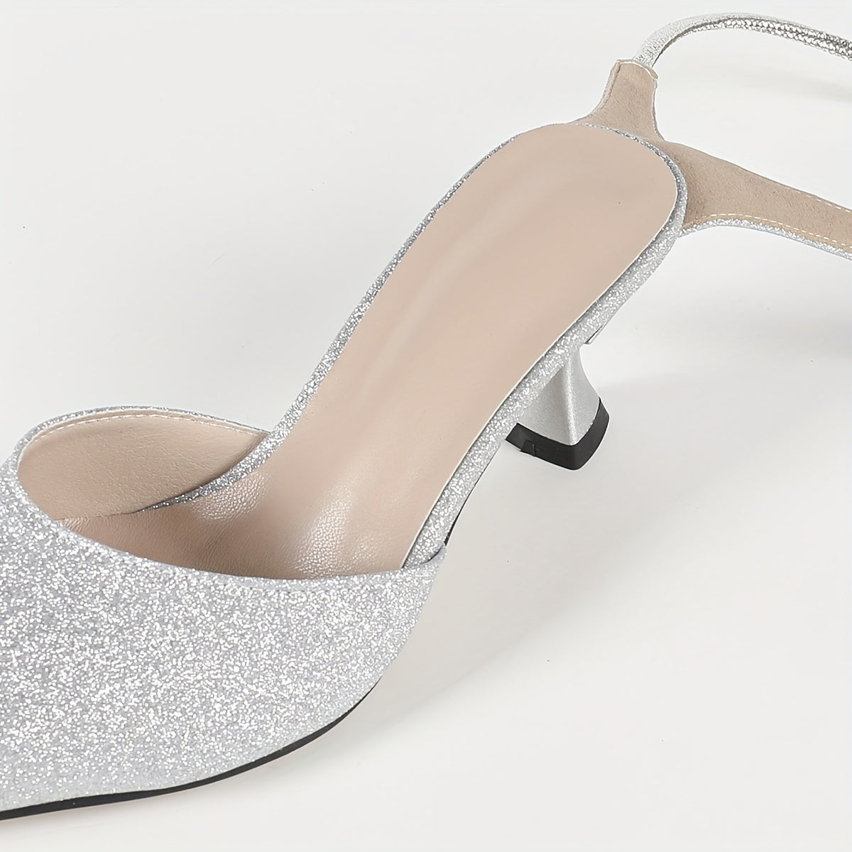 Women's Glitter Kitten Heel Sandals, Pointed Toe Ankle Strap with Adjustable Hook & Loop Closure for Weddings & Parties