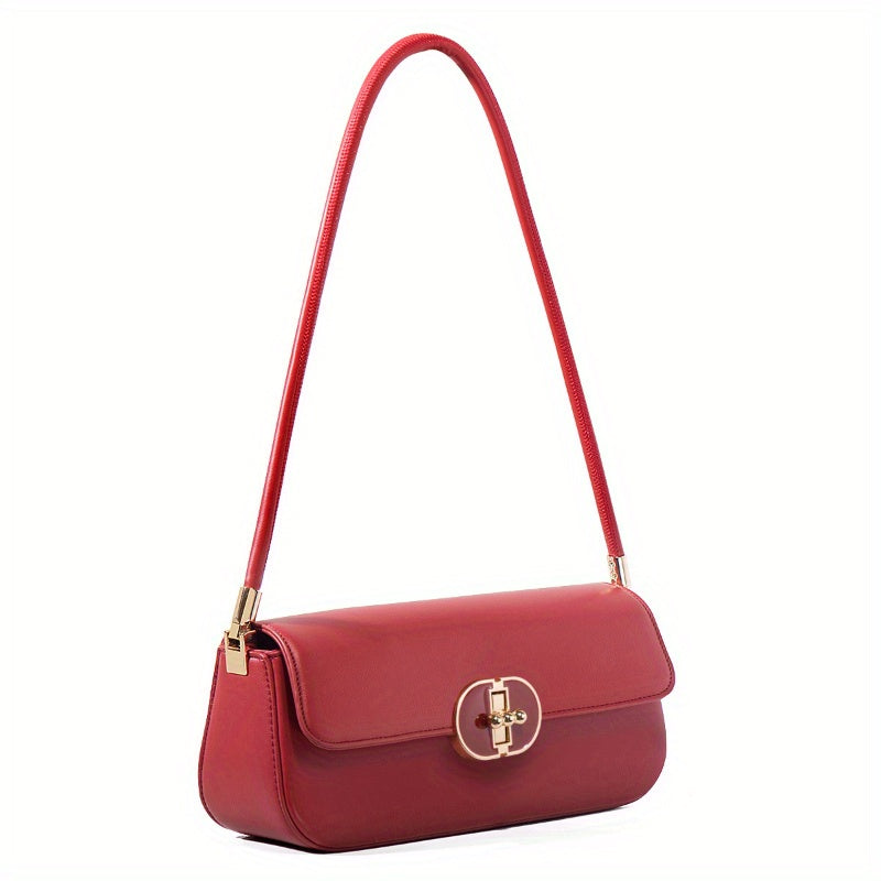 Women's French Baguette Shoulder Bag – PU Leather Baguette Purse with Gold Hardware, Compact Underarm Handbag (Burgundy / Dark Brown)