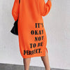 Plus Size Navy Oversized Sweaterdress - Midi A-Line Pullover with 'It's Okay Not to Be Perfect' Print, Medium Stretch, Machine Washable