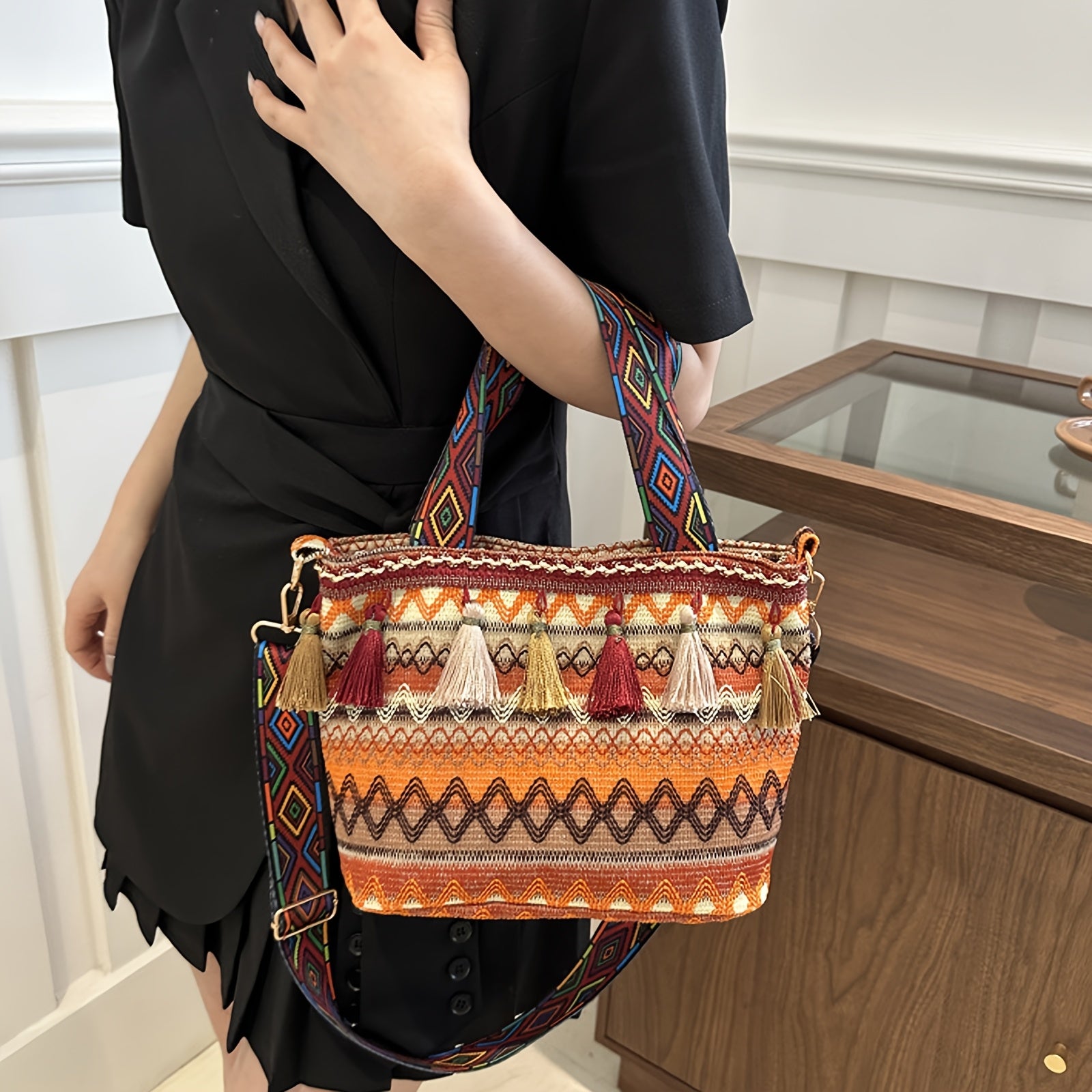 Boho Woven Fringe Bucket Bag – Geometric Embroidery, Adjustable Wide Strap, Lightweight Polyester Tote for Women