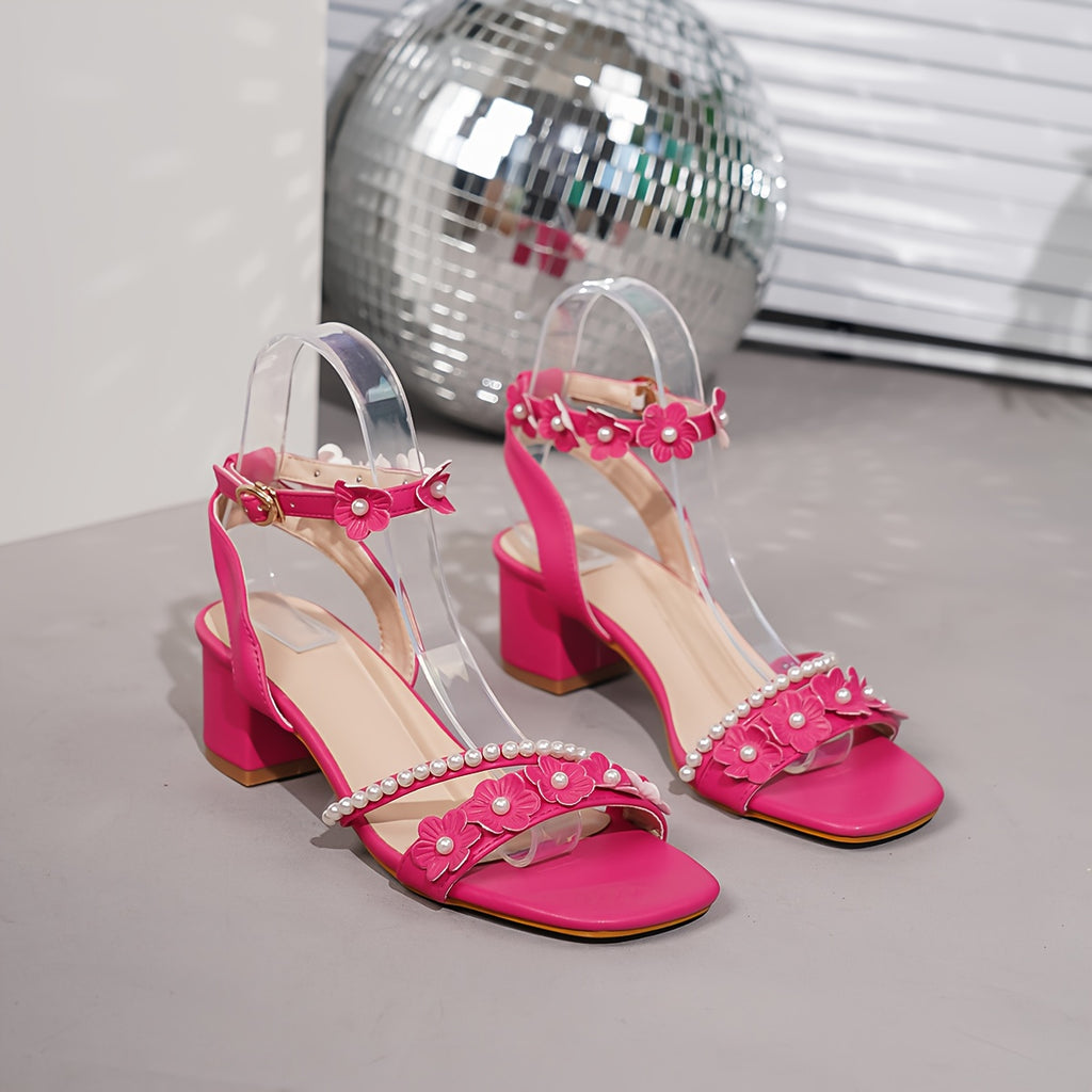 Women's Pearl Embellished Block Heel Sandals – Ankle Strap Open Toe Mid Heel Party & Formal Shoes