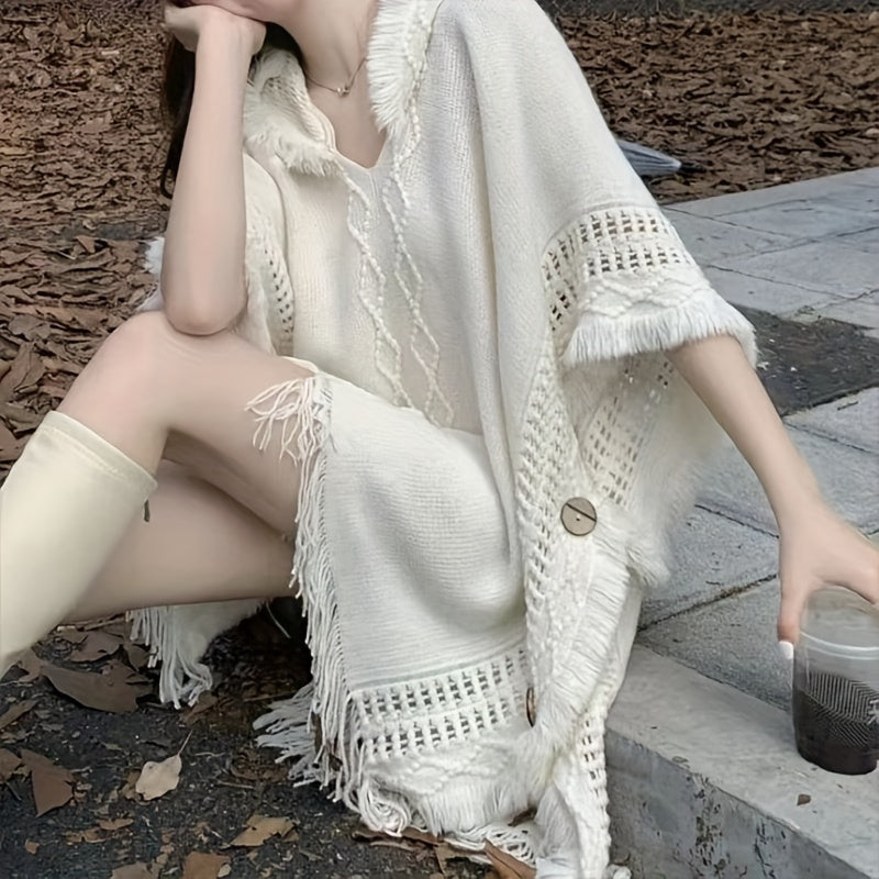 White Boho Fringe Shawl for Women – Lightweight Polyester Wrap, Breathable Sun-Proof Cover-Up for Spring & Autumn