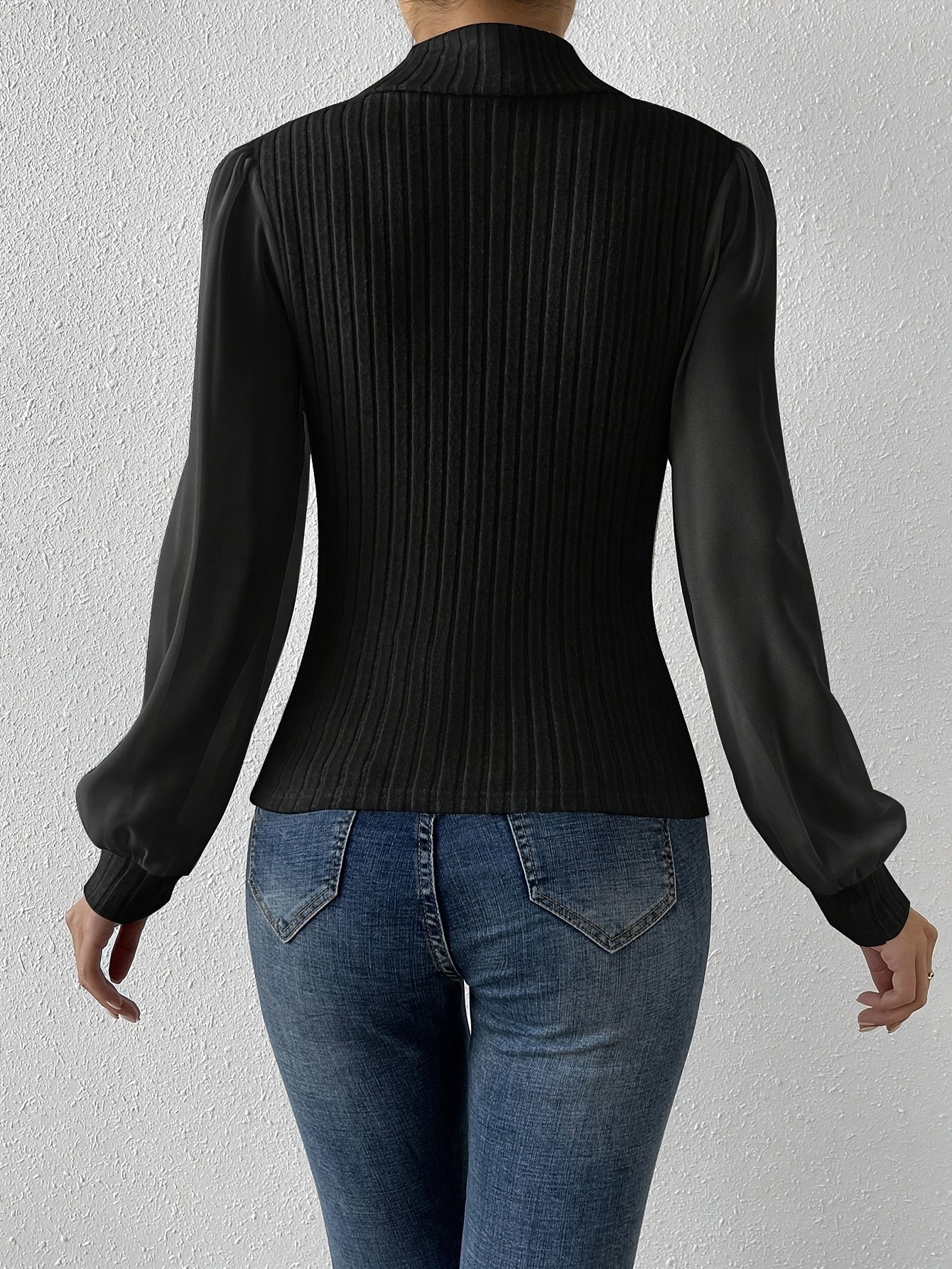 High-Neck Puff Sleeve Blouse for Women - Elegant Solid Color Top